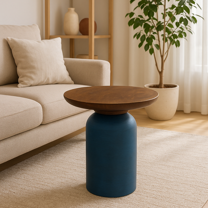 Matte Blue Round Wooden Coffee Table – Small Accent Side Table for Living Room & Bedroom