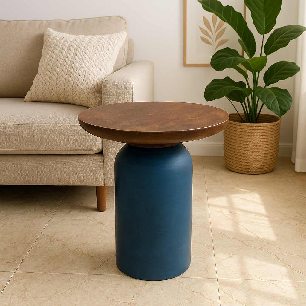 Matte Blue Round Wooden Coffee Table – Small Accent Side Table for Living Room & Bedroom