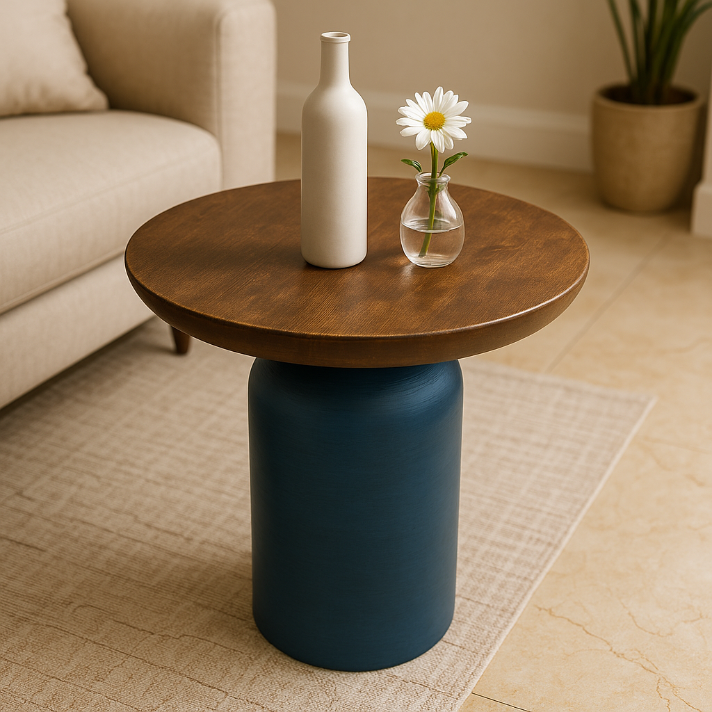 Matte Blue Round Wooden Coffee Table – Small Accent Side Table for Living Room & Bedroom