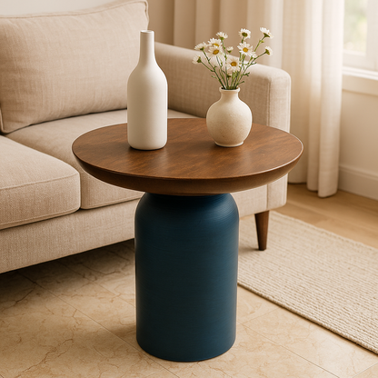 Matte Blue Round Wooden Coffee Table – Small Accent Side Table for Living Room & Bedroom