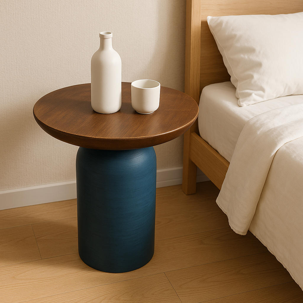 Matte Blue Round Wooden Coffee Table – Small Accent Side Table for Living Room & Bedroom