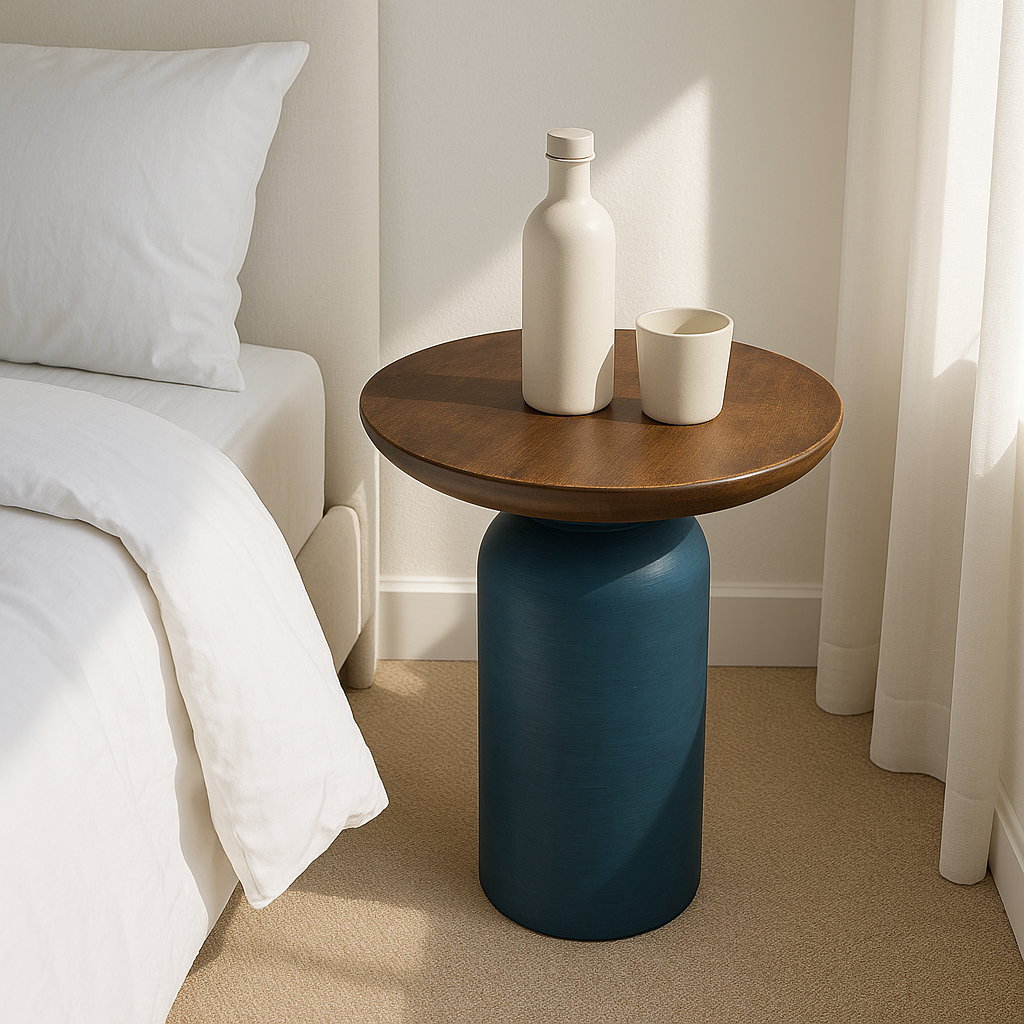 Matte Blue Round Wooden Coffee Table – Small Accent Side Table for Living Room & Bedroom