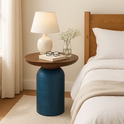 Matte Blue Round Wooden Coffee Table – Small Accent Side Table for Living Room & Bedroom