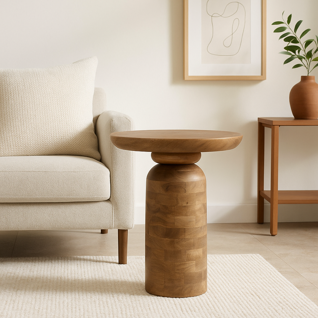 Solid Natural Wood Bedside Round Console Table
