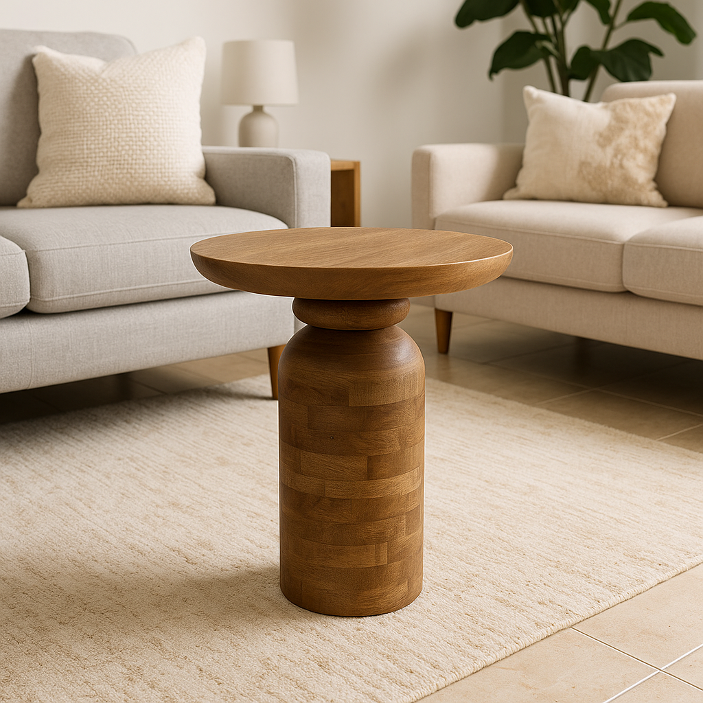 Solid Natural Wood Bedside Round Console Table