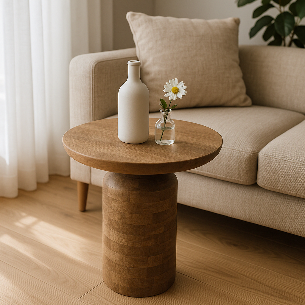 Wooden side table with a white vase and a small glass vase with a flower on a beige sofa.
