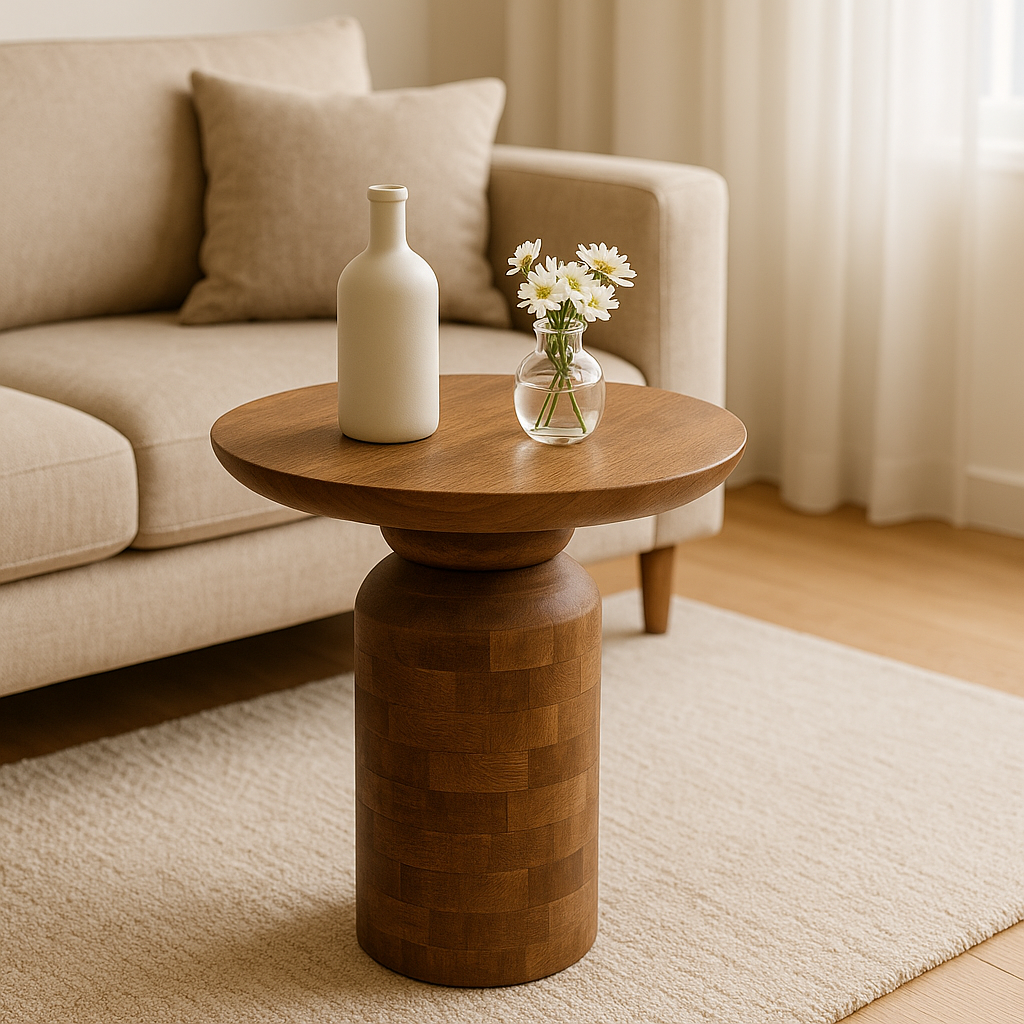 Solid Natural Wood Bedside Round Console Table
