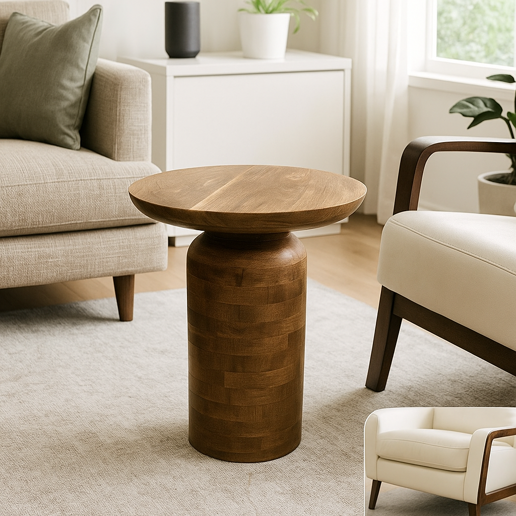 Solid Natural Wood Bedside Round Console Table