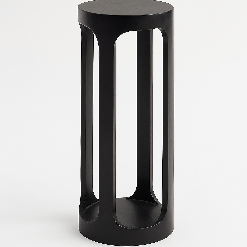 Black cylindrical side table with geometric design on a white background