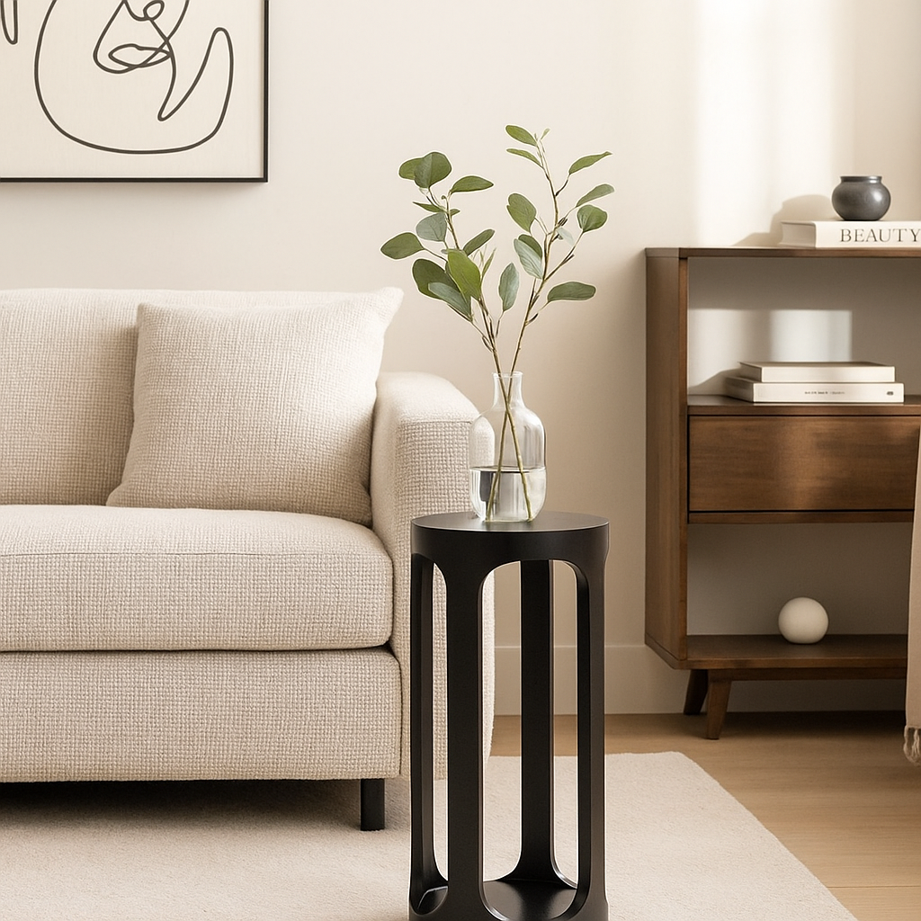Modern living room with beige sofa, black side table, and wooden shelf.