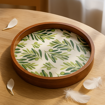Round Wooden Serving Tray with Leaf Resin Inlay