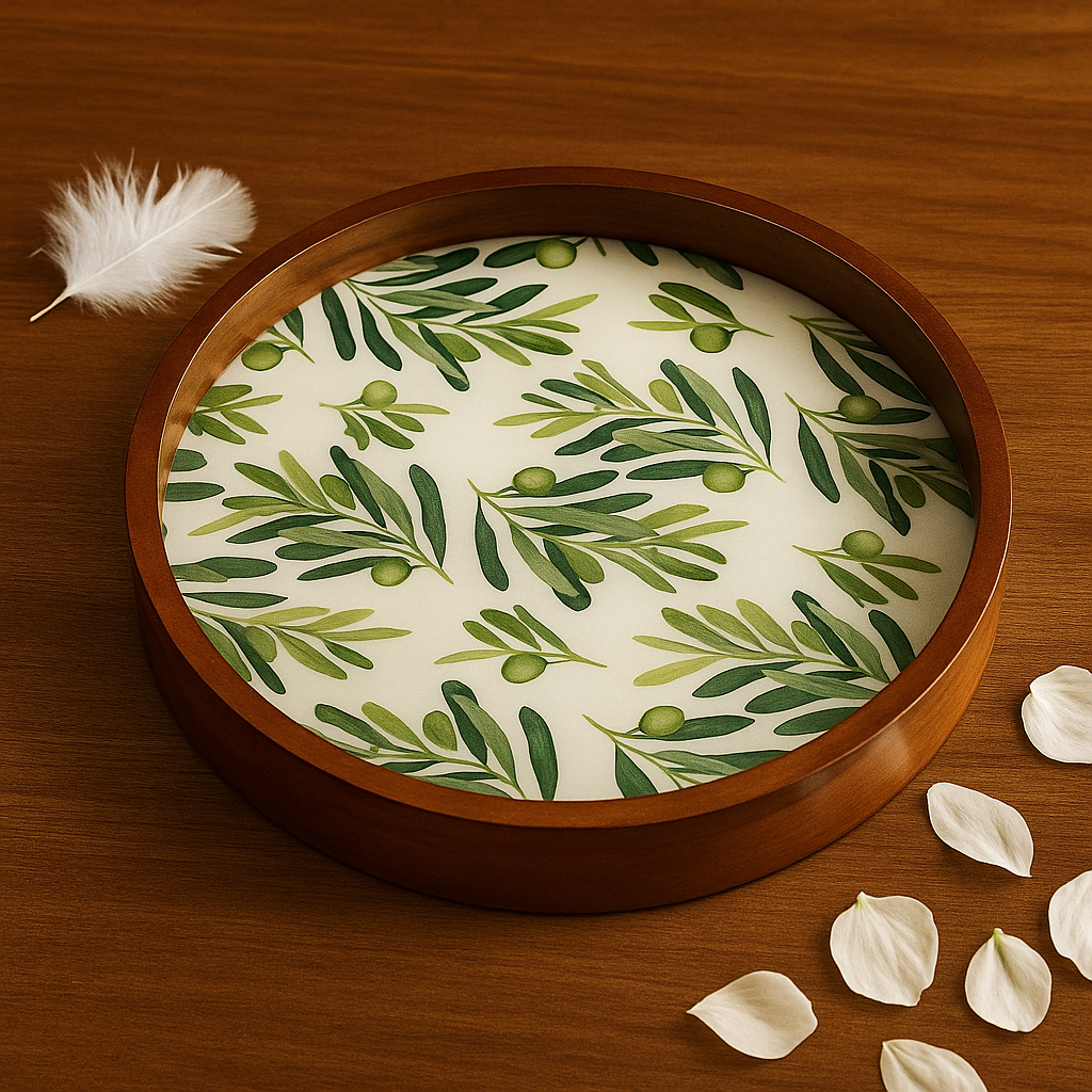 Round Wooden Serving Tray with Leaf Resin Inlay