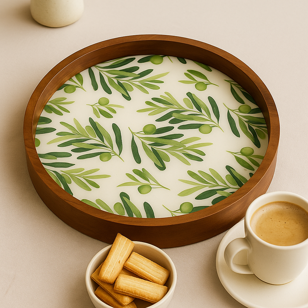 Round Wooden Serving Tray with Leaf Resin Inlay