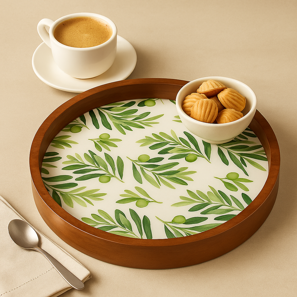 Round Wooden Serving Tray with Leaf Resin Inlay