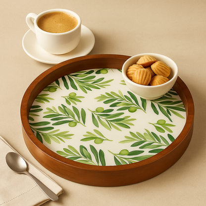 Round Wooden Serving Tray with Leaf Resin Inlay
