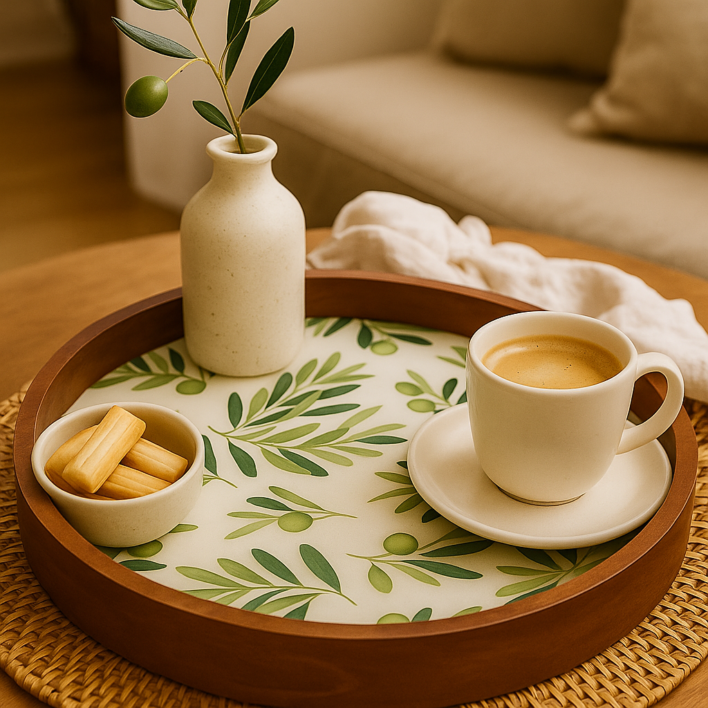 Round Wooden Serving Tray with Leaf Resin Inlay