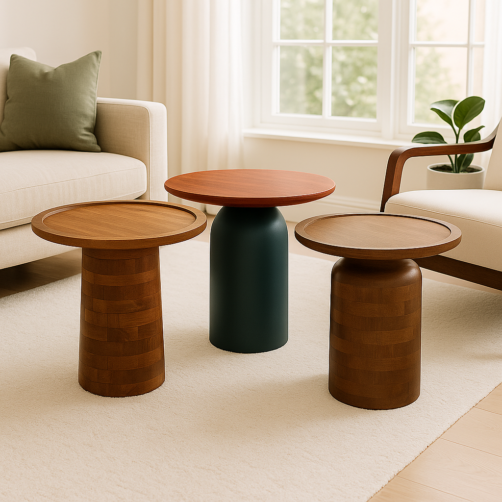 Matte Blue Round Wooden Coffee Table – Small Accent Side Table for Living Room & Bedroom