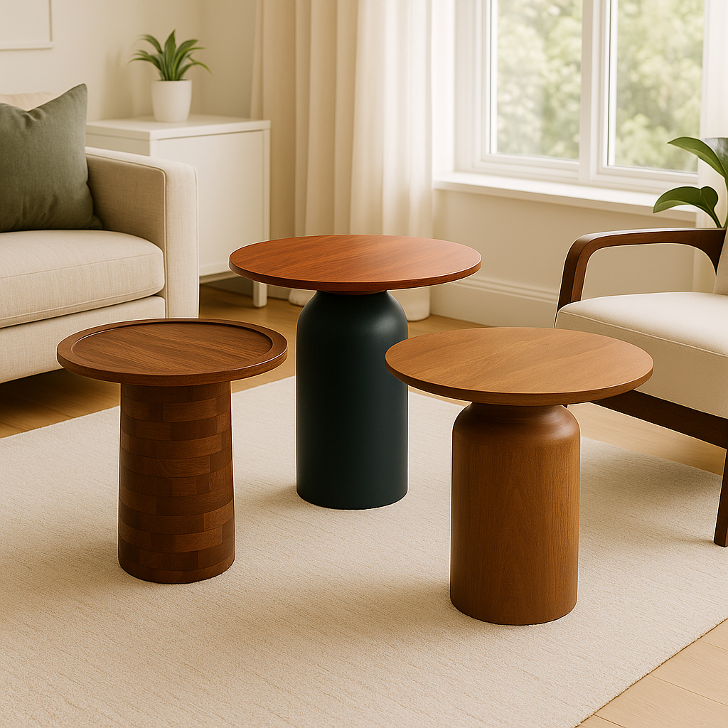 Matte Blue Round Wooden Coffee Table – Small Accent Side Table for Living Room & Bedroom