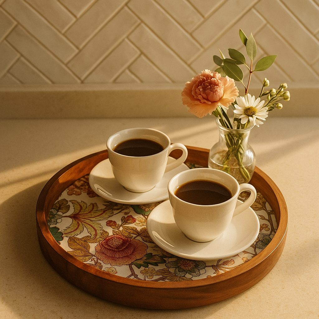 Handcrafted Wooden Round Serving Platter with Floral Resin Inlay