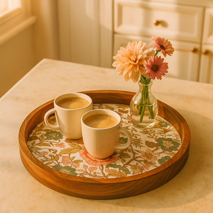 Handcrafted Wooden Round Serving Platter with Floral Resin Inlay