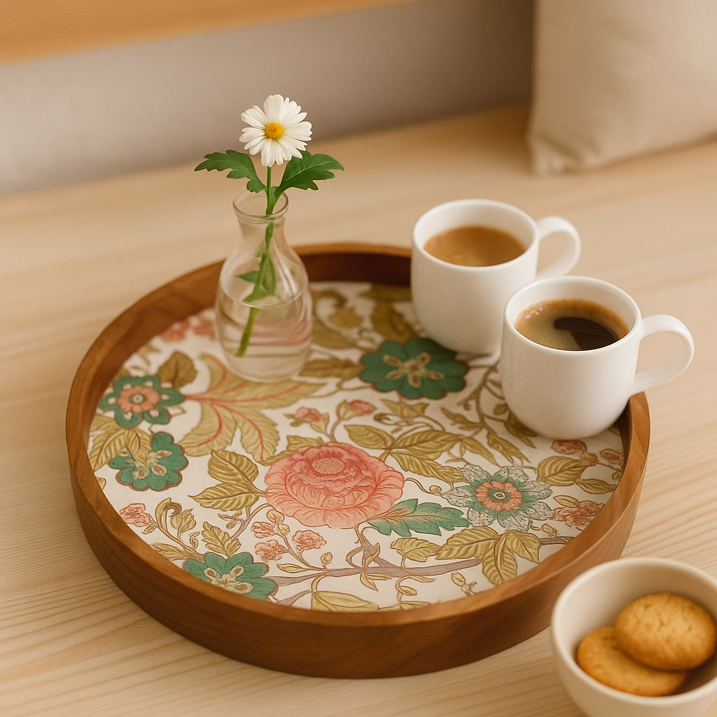 Handcrafted Wooden Round Serving Platter with Floral Resin Inlay