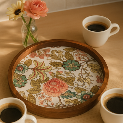 Handcrafted Wooden Round Serving Platter with Floral Resin Inlay