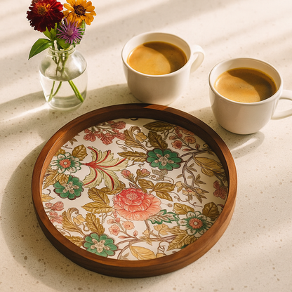 Handcrafted Wooden Round Serving Platter with Floral Resin Inlay