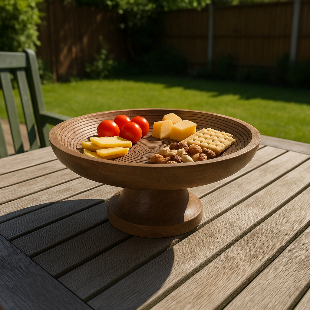 Wooden platter with fruits, cheese, and crackers on a wooden table outdoors.