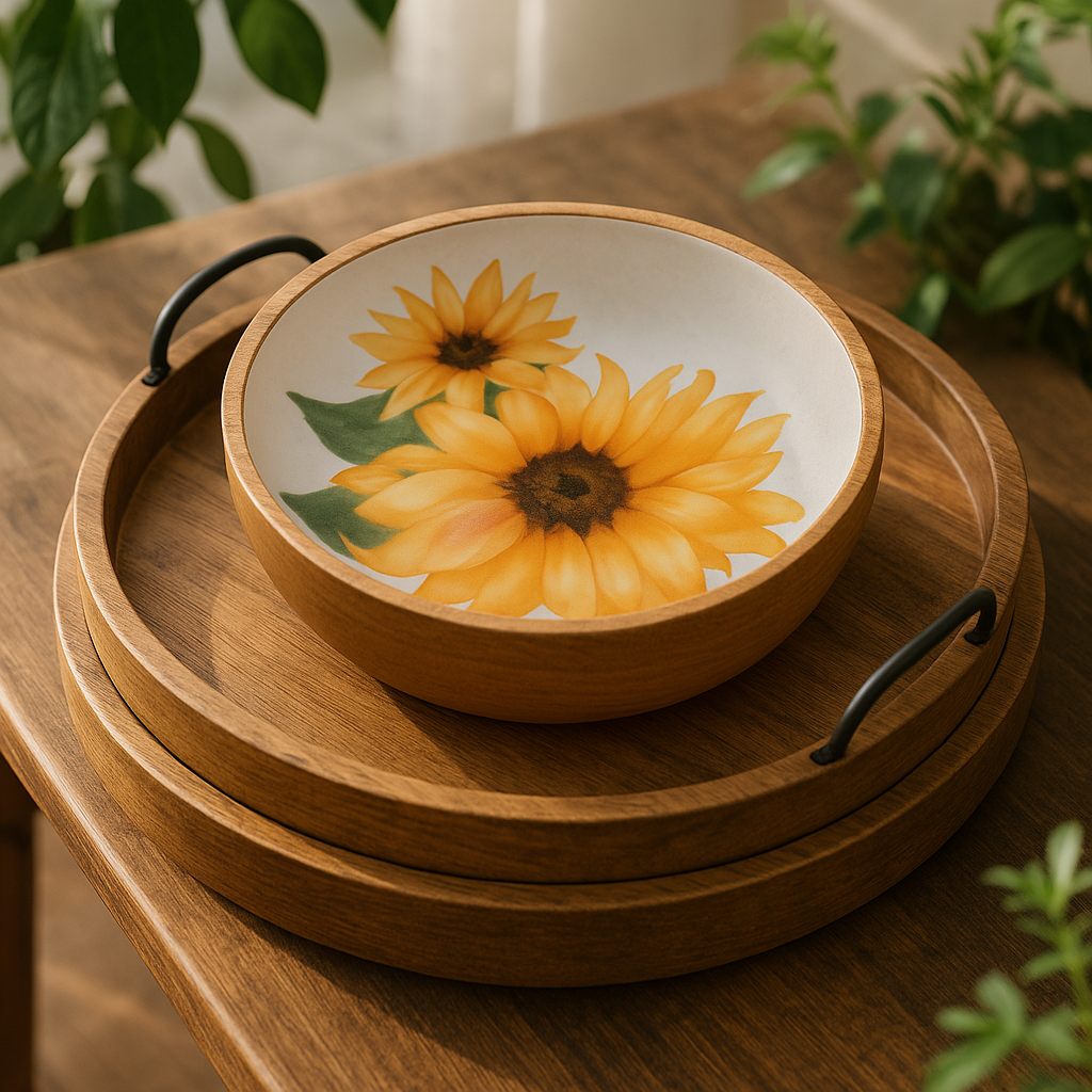 Hand-Painted Sunflower Wooden Bowl