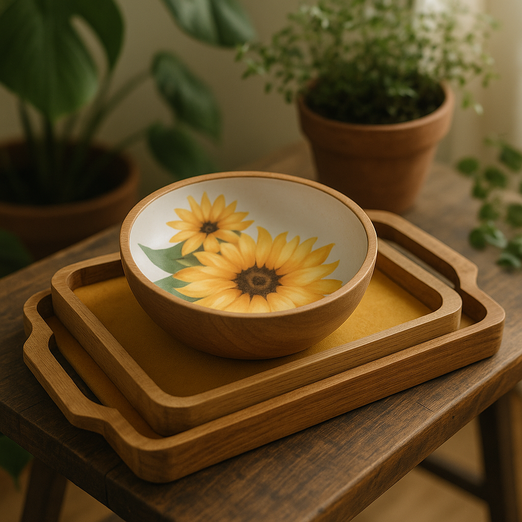 Hand-Painted Sunflower Wooden Bowl