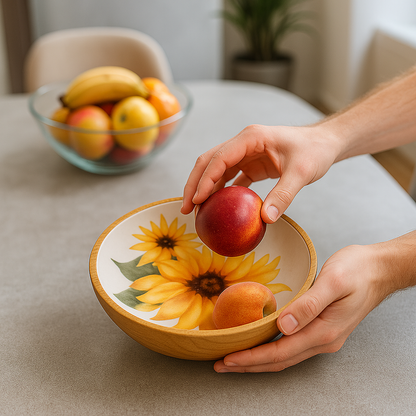 Hand-Painted Sunflower Wooden Bowl