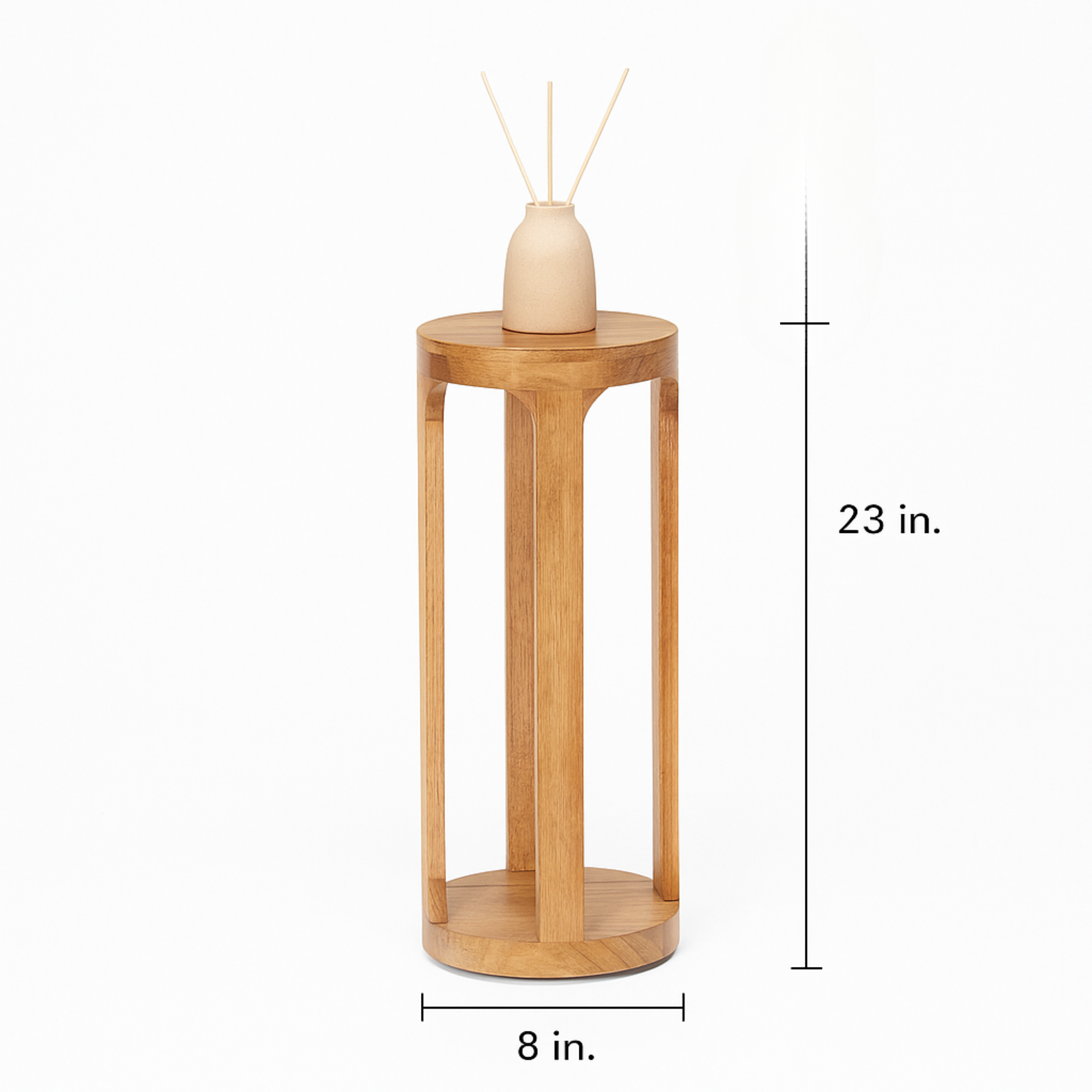 Wooden skinny Tall end table with dimensions labeled on a white background