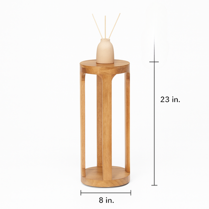 Wooden skinny Tall end table with dimensions labeled on a white background