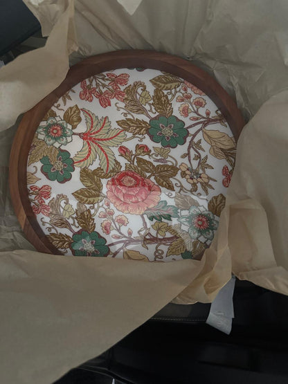 Handcrafted Wooden Round Serving Platter with Floral Resin Inlay