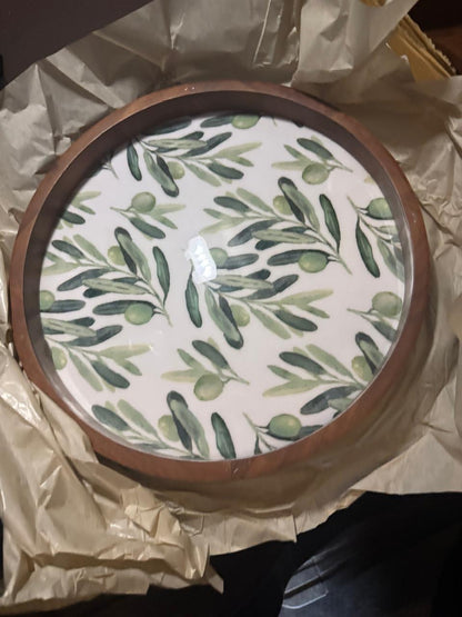 Round Wooden Serving Tray with Leaf Resin Inlay