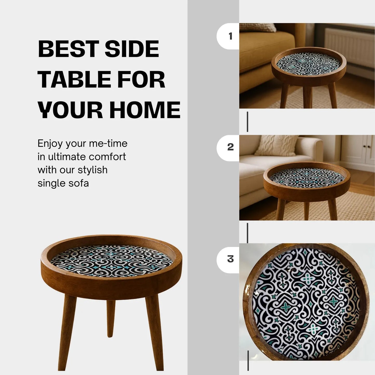 Round wooden side table with patterned top, shown from multiple angles on a light gray background.