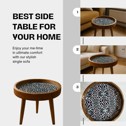 Round wooden side table with patterned top, shown from multiple angles on a light gray background.