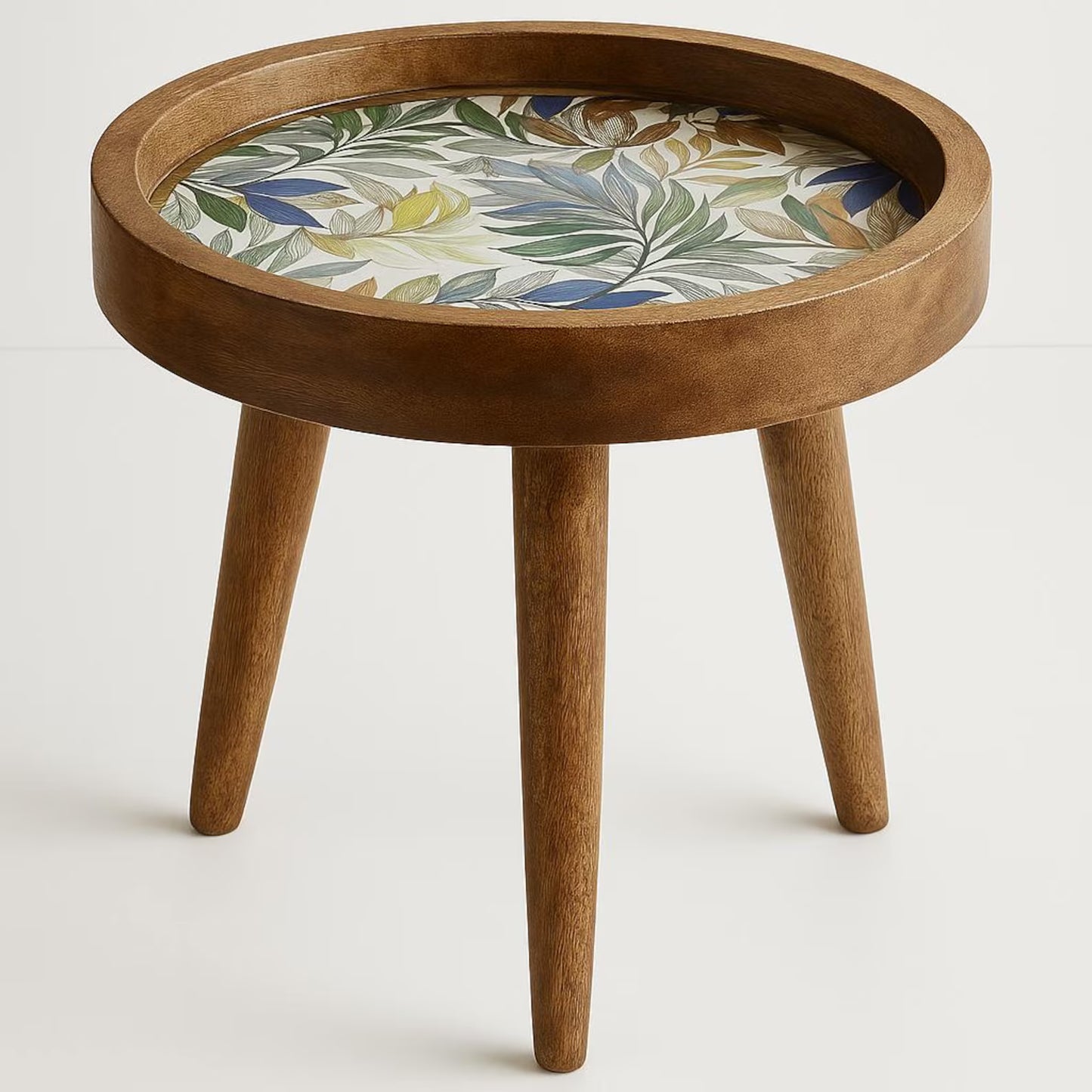 Handcrafted Mango Wood Floral Inlay Detachable Legs Side Table
