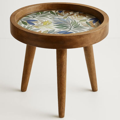 Handcrafted Mango Wood Floral Inlay Detachable Legs Side Table