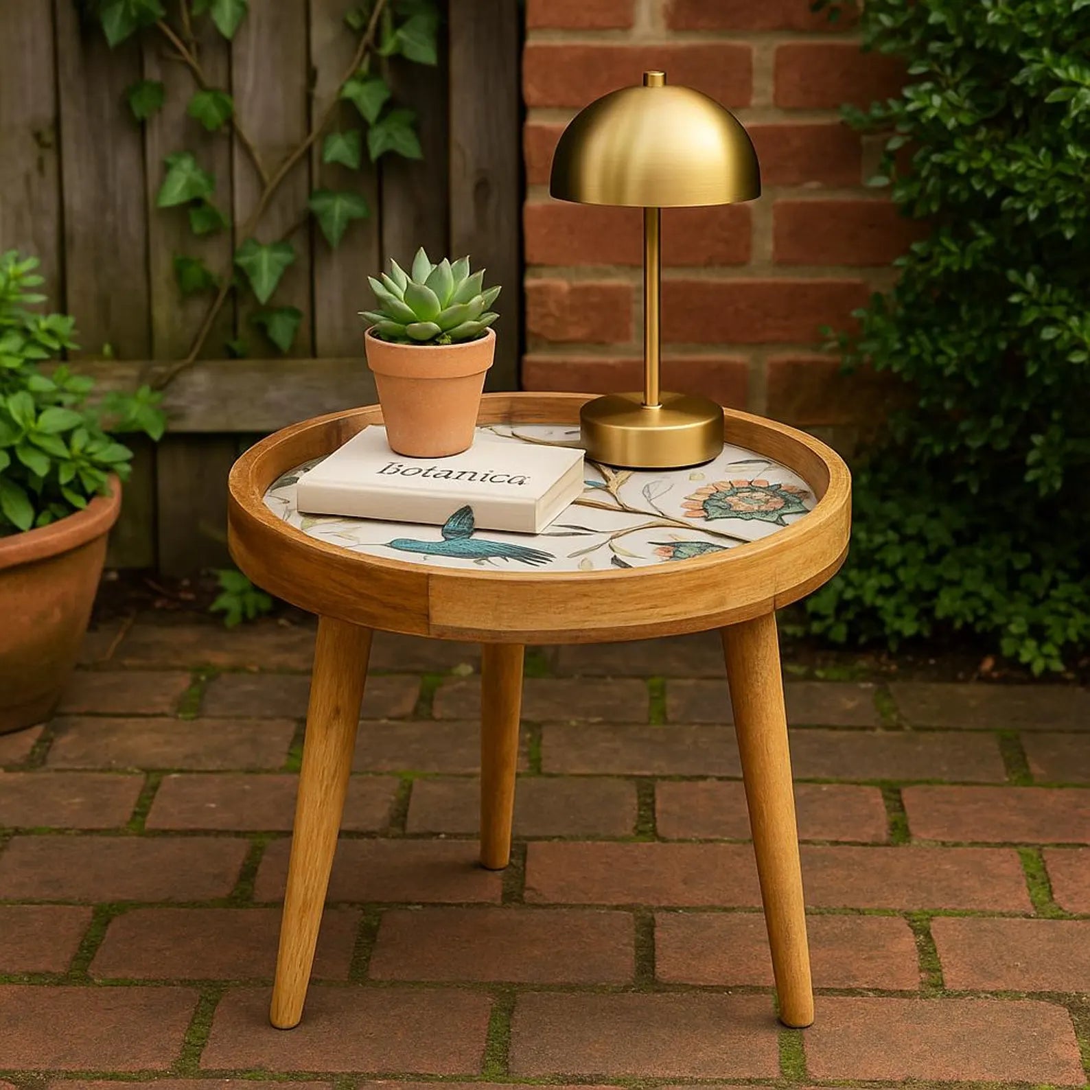 Small round wooden Coffee table with a gold lamp, potted plant, and book on a brick patio.