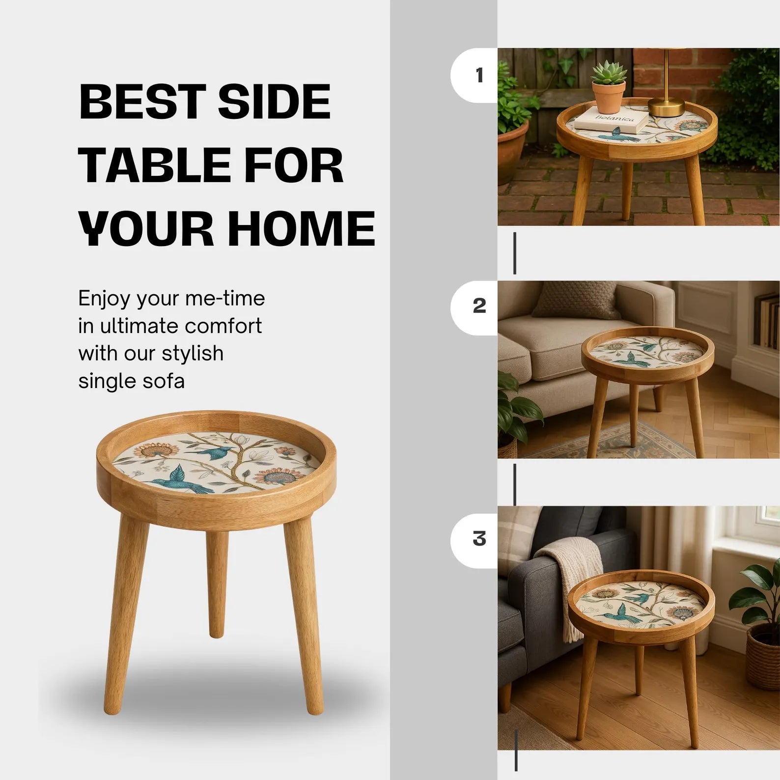 Wooden side table with decorative top in various home settings
