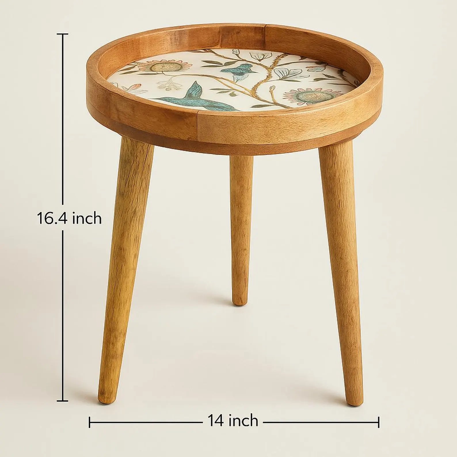 Wooden Coffee Artisan side table with floral patterned top and dimensions on a beige background