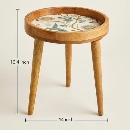 Wooden Coffee Artisan side table with floral patterned top and dimensions on a beige background