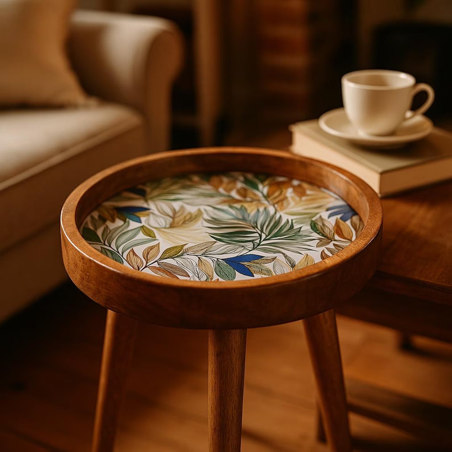Handcrafted Mango Wood Floral Inlay Detachable Legs Side Table