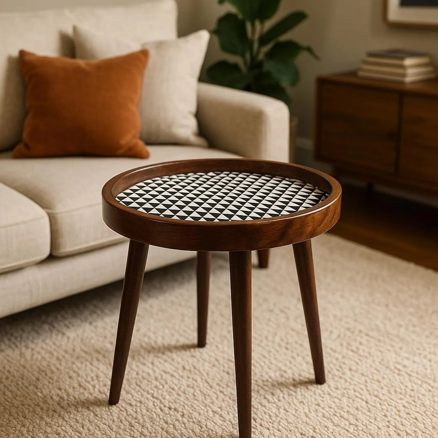 Handmade Side Table Solid Mango Wood Detachable Legs Geometric Elegance: Handcrafted Wooden Tray with Monochrome Optical Illusion Pattern