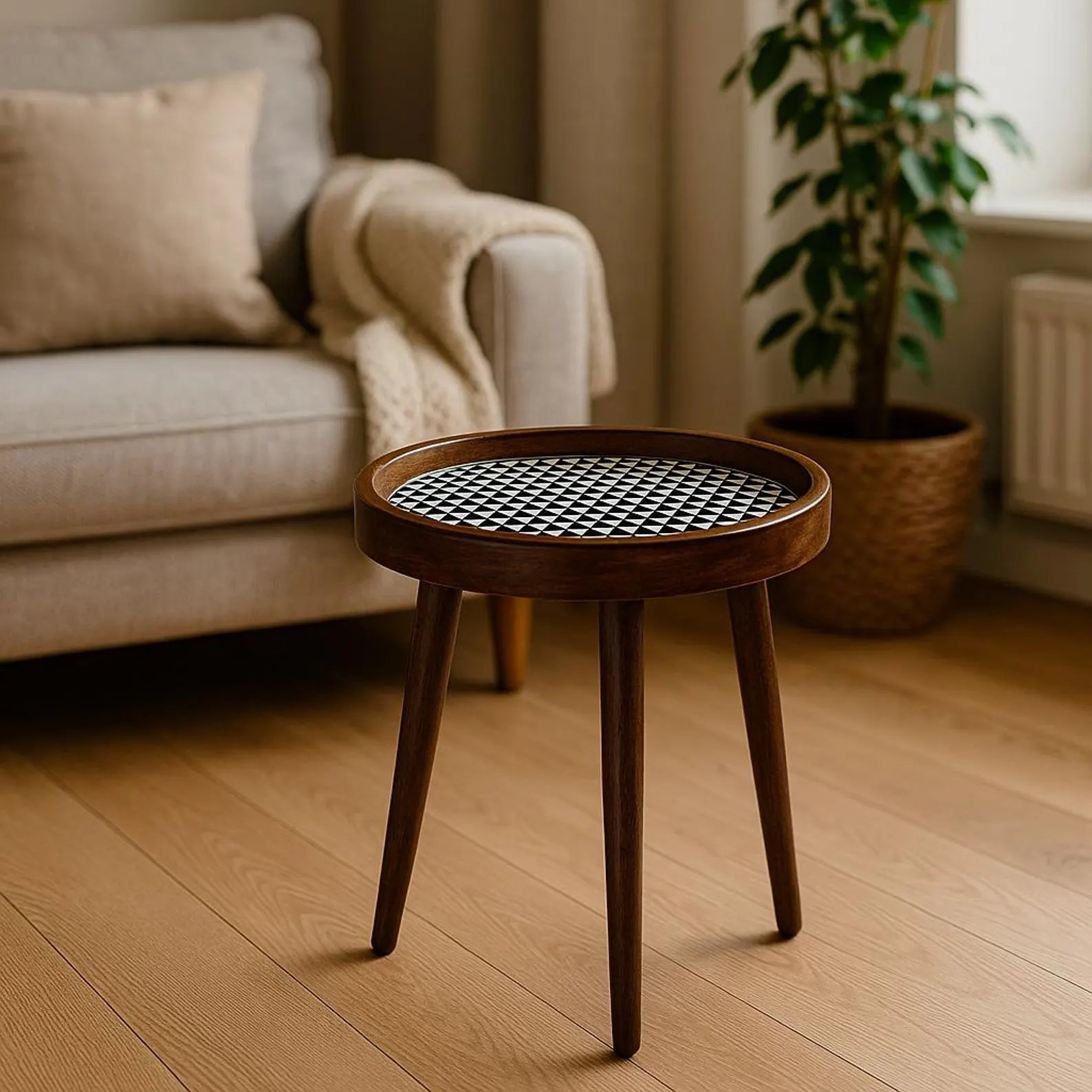Handmade Side Table Solid Mango Wood Detachable Legs Geometric Elegance: Handcrafted Wooden Tray with Monochrome Optical Illusion Pattern