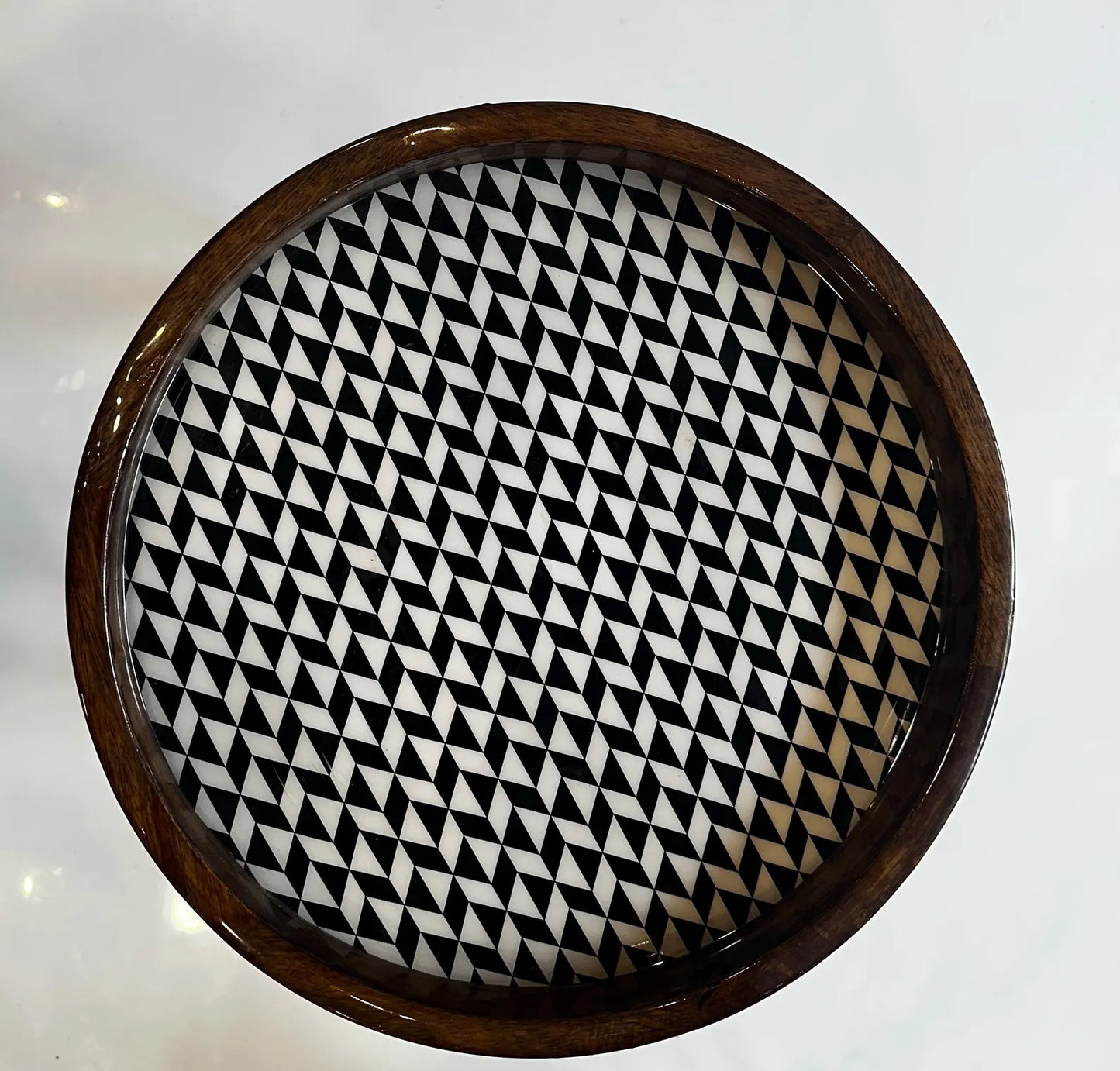 Handmade Side Table Solid Mango Wood Detachable Legs Geometric Elegance: Handcrafted Wooden Tray with Monochrome Optical Illusion Pattern