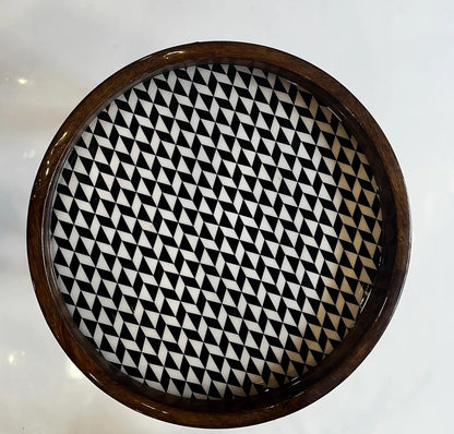Handmade Side Table Solid Mango Wood Detachable Legs Geometric Elegance: Handcrafted Wooden Tray with Monochrome Optical Illusion Pattern