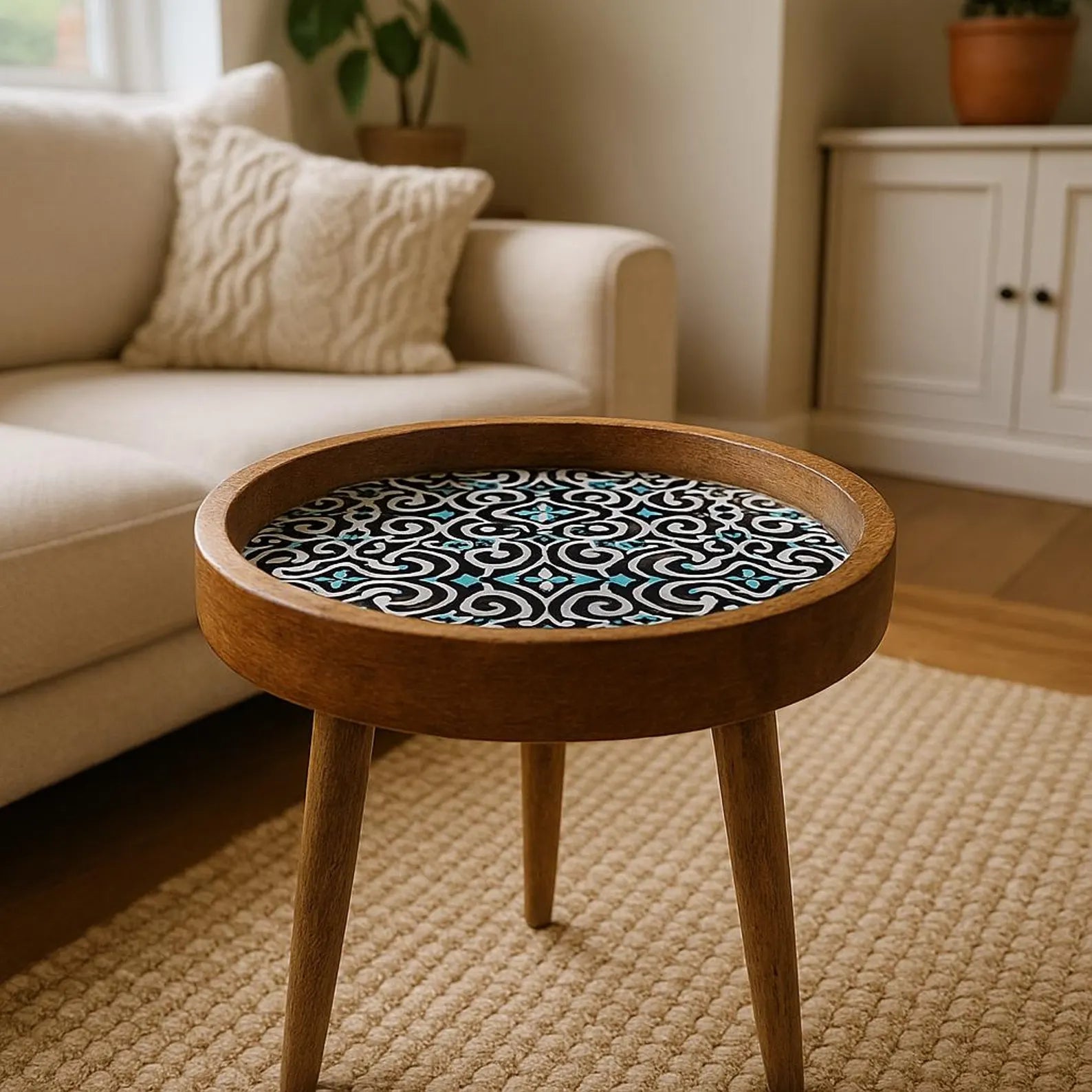 Wooden side table with a patterned top in a living room setting