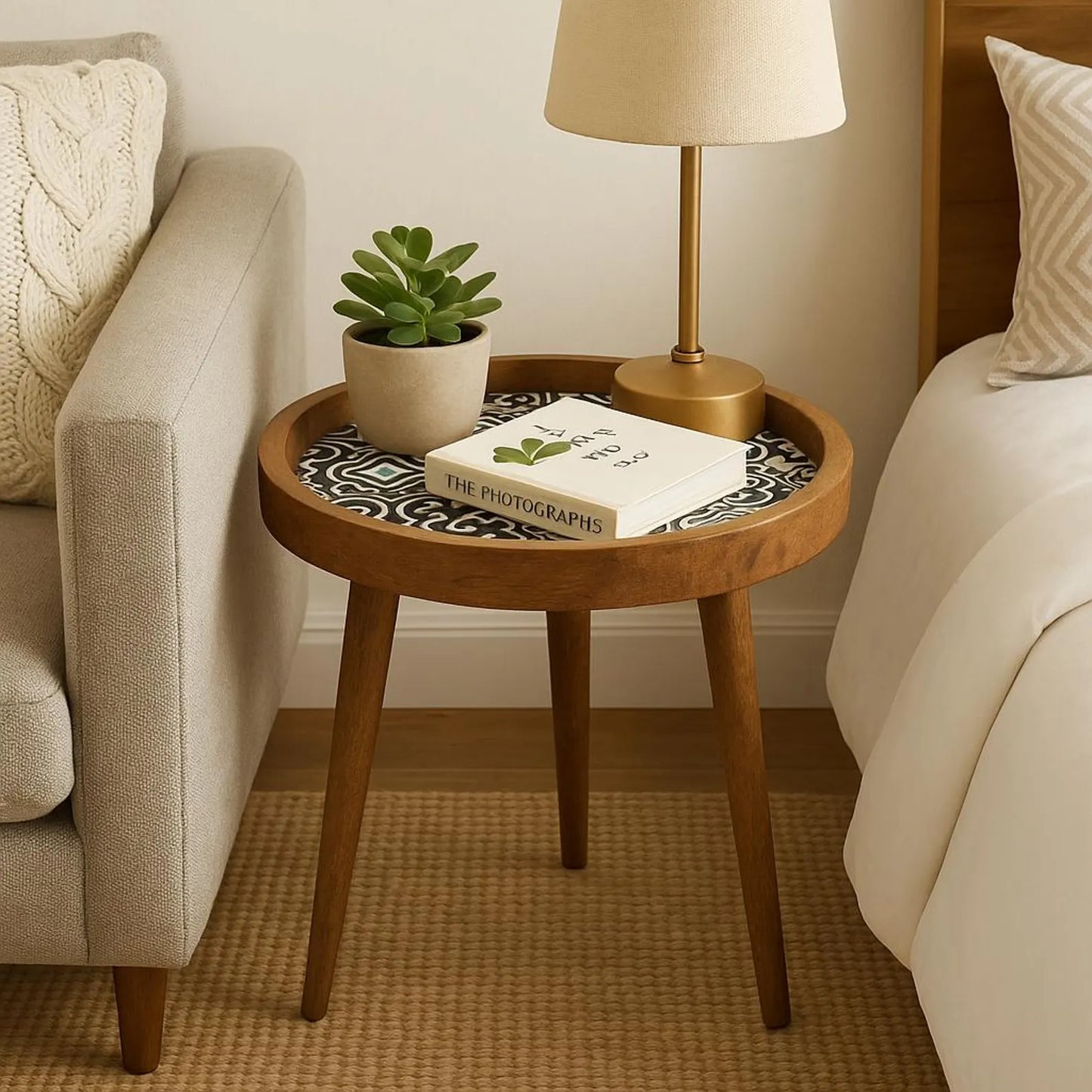 Round wooden side table with a lamp, plant, and book in a bedroom setting.